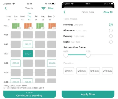 Eversports-App mit Filtern für Kunden
