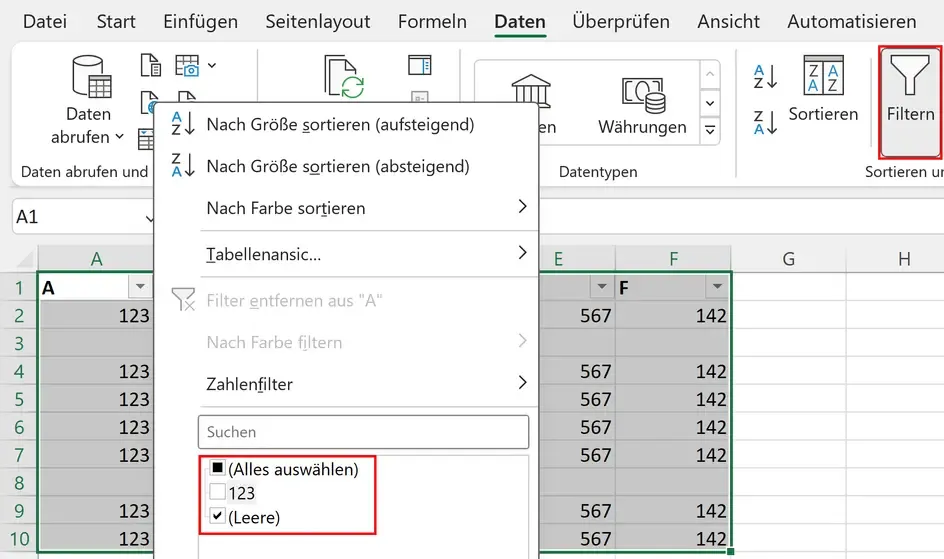 Excel: Auswahlmenü, mit dem man sich leere Zeilen in Excel anzeigen lassen kann