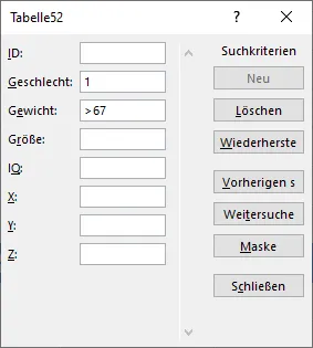 Excel-Eingabemaske im Suchmodus mit eingestellten Kriterien