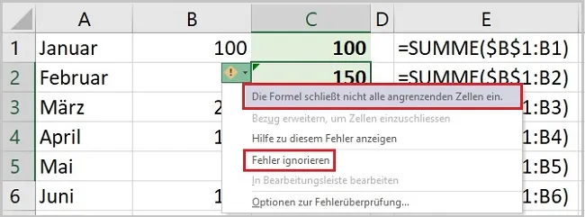 Excel-Fehlerhinweis mit grünem Dreieck und Optionen zur Fehlerbehandlung