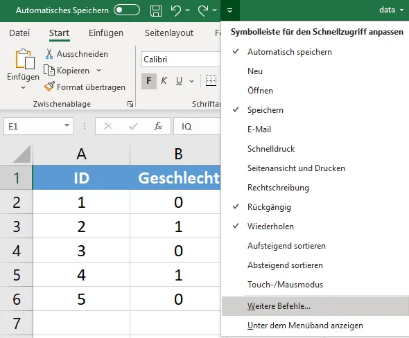 Excel-Oberfläche mit Menüpunkt "Weitere Befehle" für die Schnellstartleiste