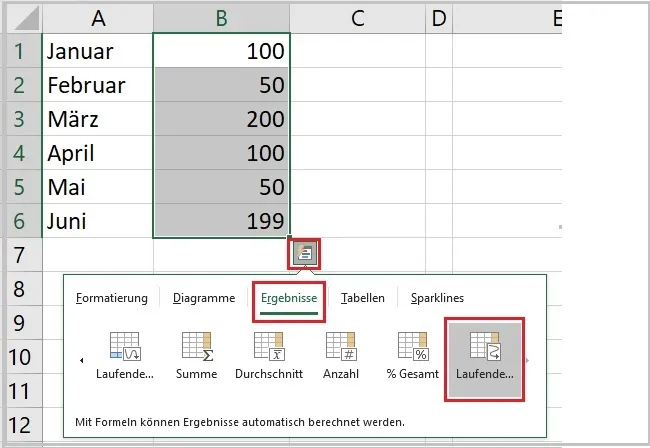 Excel-Schnellanalyse-Tool mit ausgewählter Option 'Laufende Summe'
