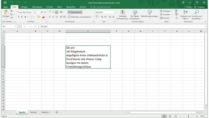 Excel-Tabelle mit festen Zeilenumbrüchen, die unsichtbar sind