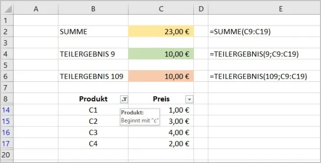 Excel-Tabelle zeigt die Funktion TEILERGEBNIS bei gefilterten Daten