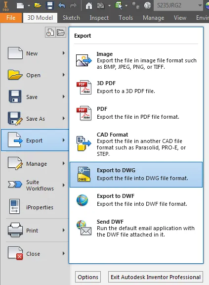 Export-Optionen in Inventor