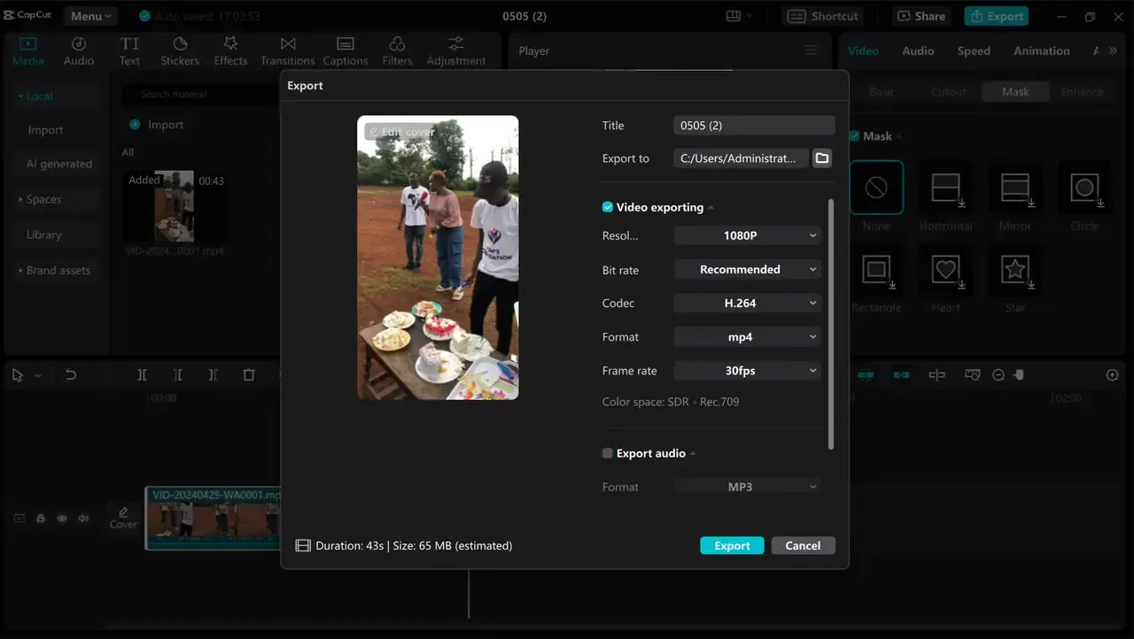 Exportoptionen in CapCut