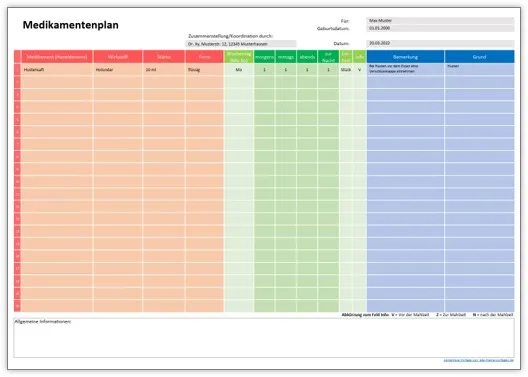 Farbenfrohe Medikationsplan-Vorlage als PDF für den sofortigen Download