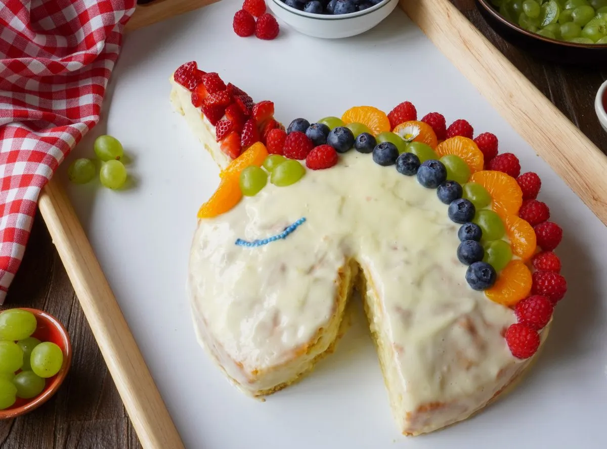 Farbenfroher Einhornkuchen verziert mit frischem Obst