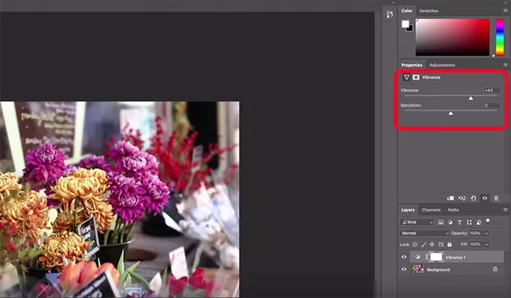 Farbkorrekturen mit Dynamik und Sättigung