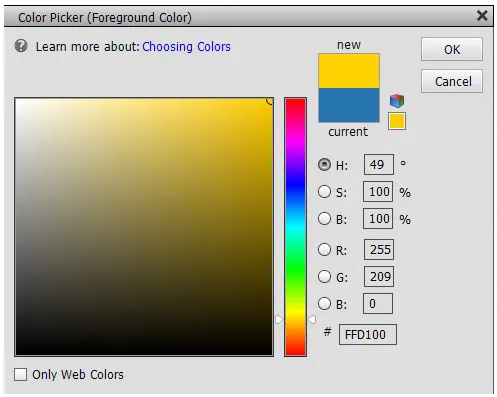 Farbwähler-Dialogfeld mit eingegebenen RGB- und HEX-Codes für UCLA-Blau und -Gold