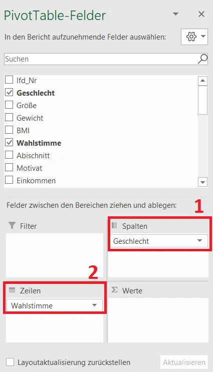 Fenster "PivotTable-Felder" in Excel, zeigt die verfügbaren Felder und Bereiche für Filter, Spalten, Zeilen und Werte