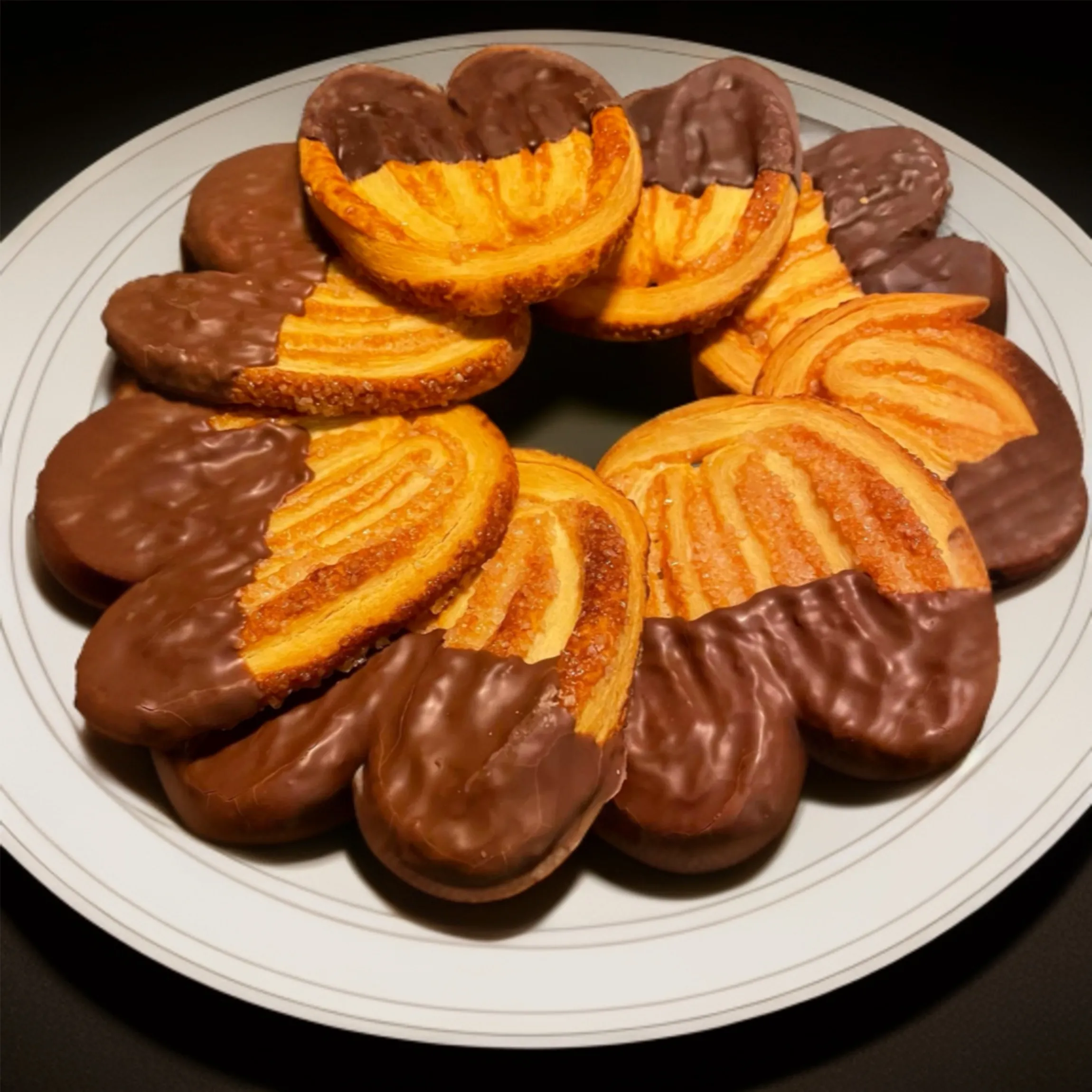 Fertig gebackene Schweineohren, teilweise in geschmolzene Schokolade getaucht