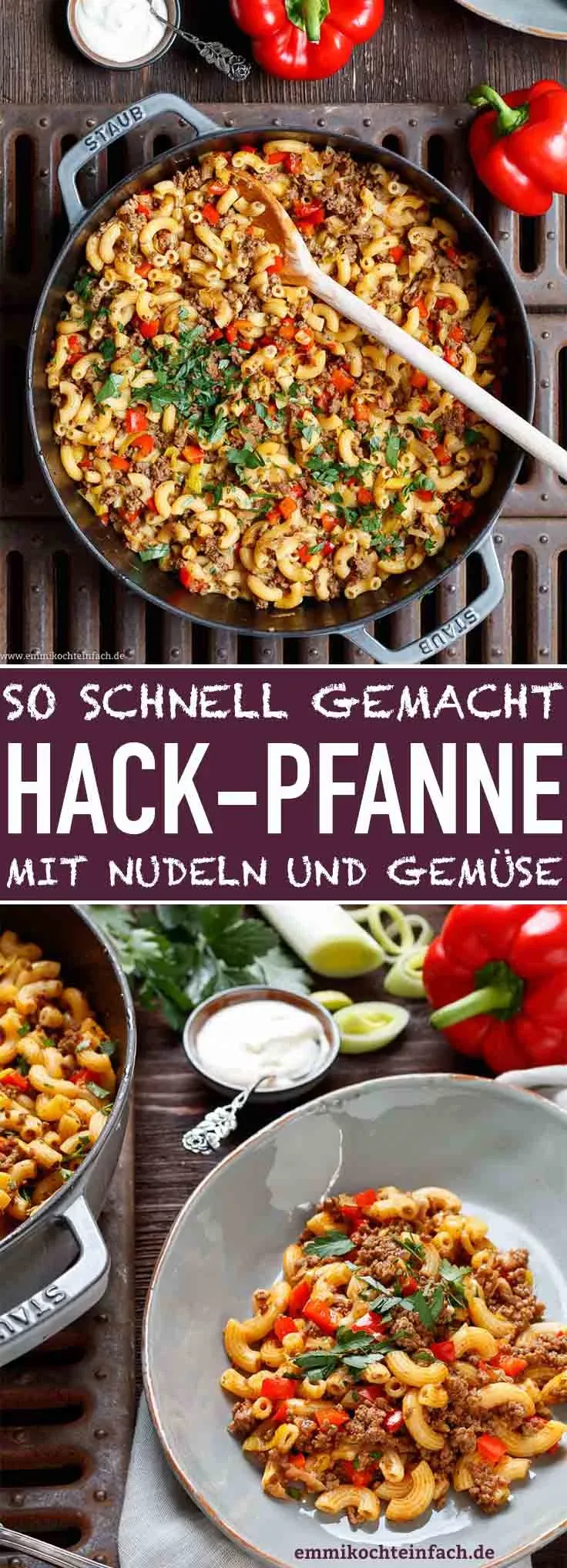 Fertige Hackpfanne mit Nudeln, Gemüse und einem Klecks Creme Fraiche