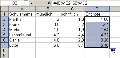 Fertige Notentabelle mit gewichteten Endnoten in Excel