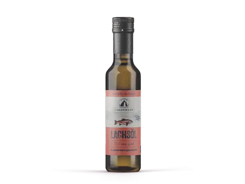 Flasche mit Lachsöl von Lakefields als Nahrungsergänzung für Hunde