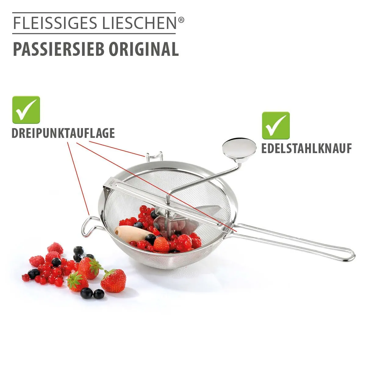 Fleissiges Lieschen Passiersieb Original mit Edelstahlknauf und Dreipunktauflage, gefüllt mit frischen Beeren
