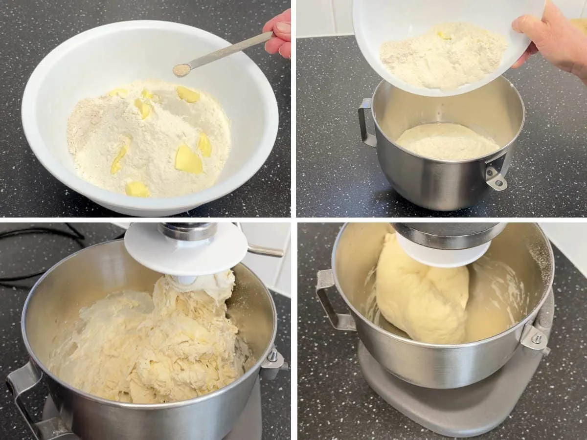 Flour, butter and yeast being added to bowl and mixed in a Kitchen Aid.