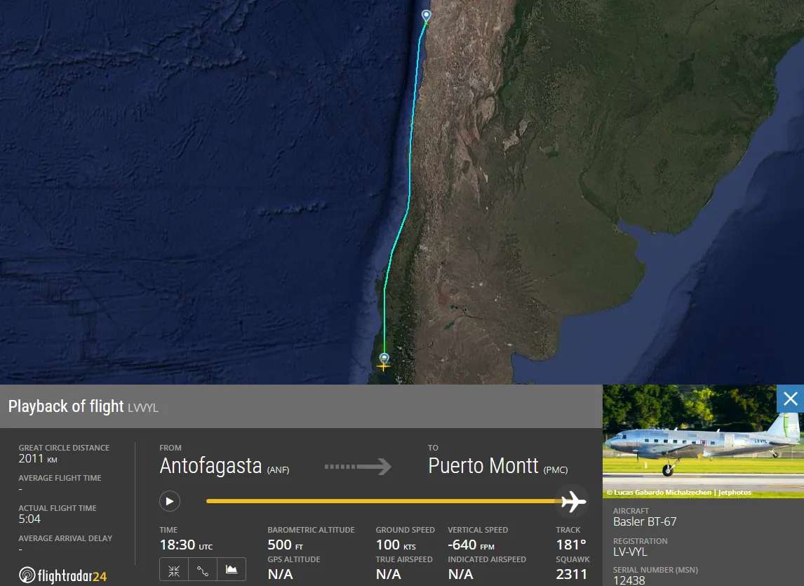 Flugstrecke von Antofagasta nach Puerto Montt