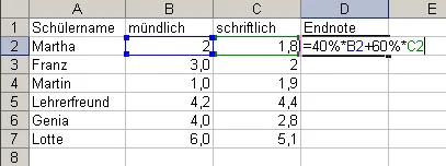 Formel für gewichtete Endnote in Excel eingeben