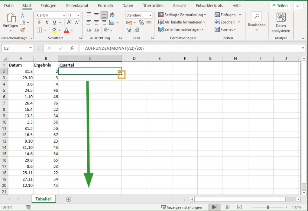 Formel über den Füllpunkt auf die gesamte Spalte erweitern