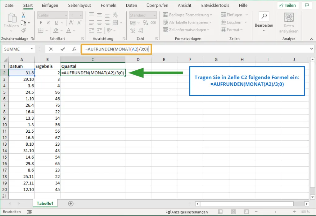 Formel zur Identifizierung des Quartals in Zelle C2 eingeben