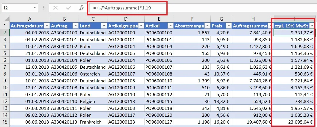 Formeleingabe in einer intelligenten Tabelle mit strukturierten Verweisen