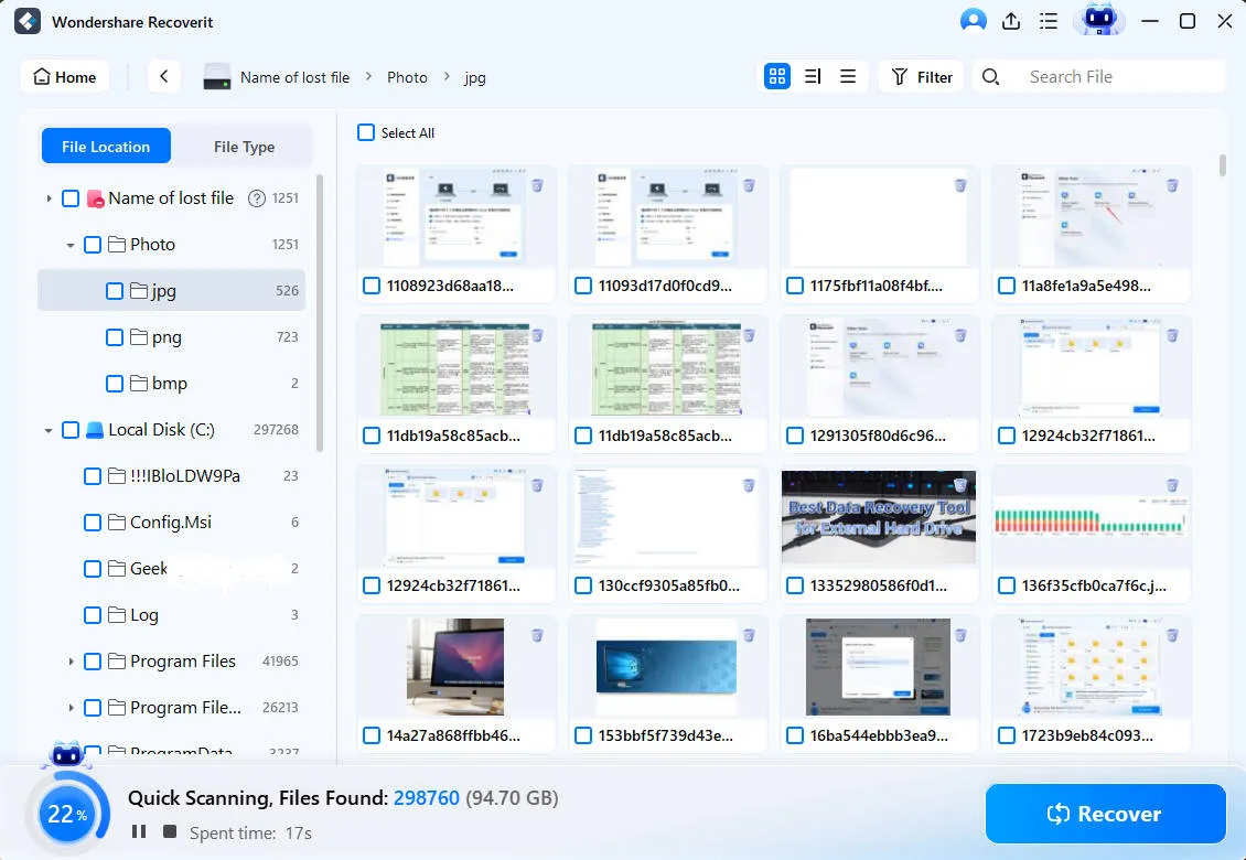 Fortschrittsanzeige während des Scanvorgangs von Recoverit