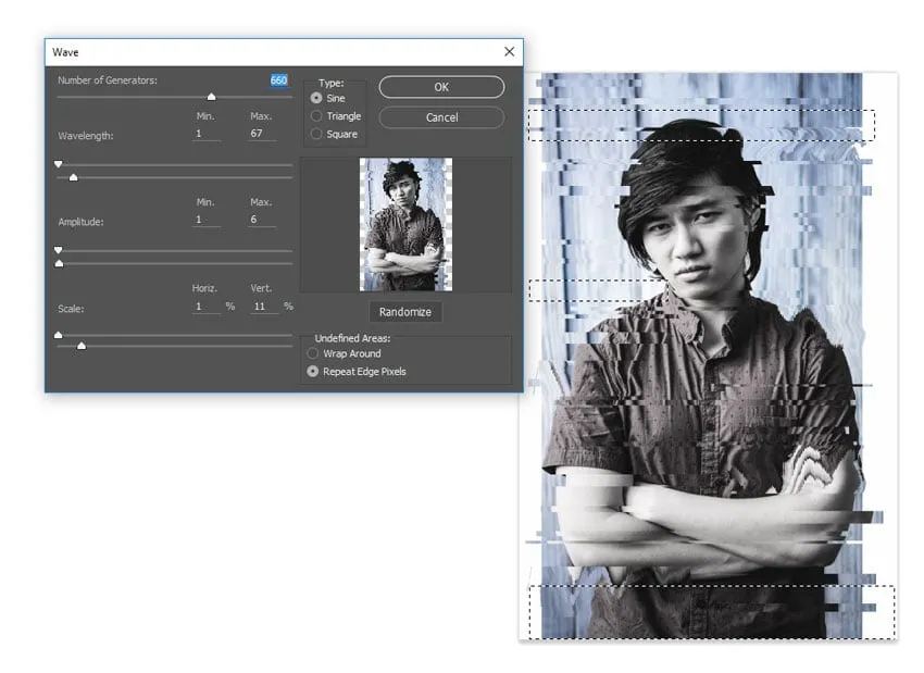 Fortsetzen des wellenförmigen Glitch-Prozesses mit variierenden Einstellungen