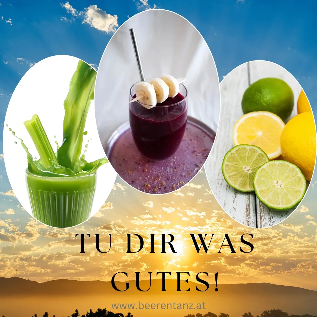 Foto von Glas Selleriesaft, Wildem Heidelbeer-Smoothie und Zitronen/ Limetten