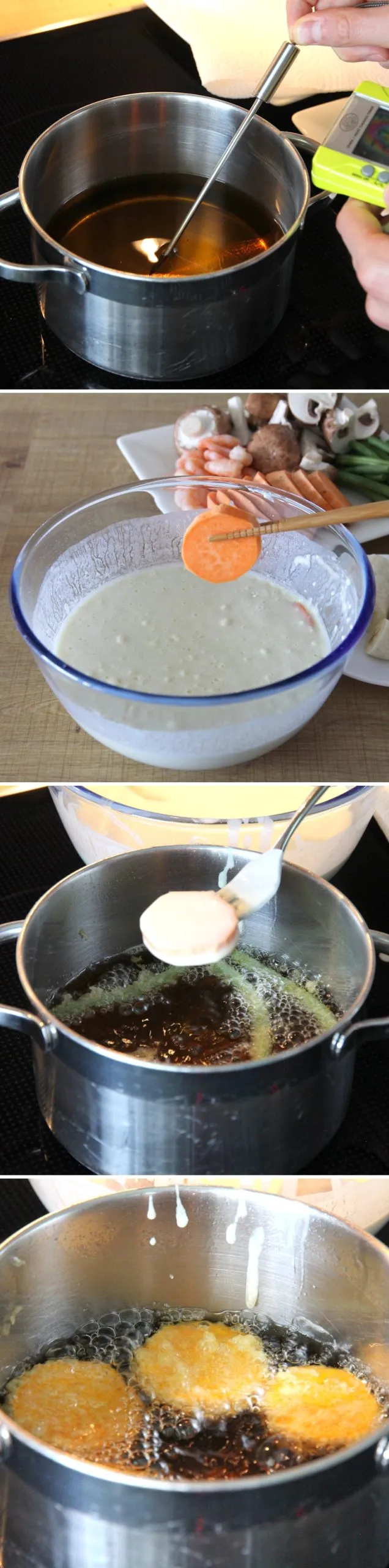 Frittieren von Gemüsestücken im Tempura-Teig in heißem Öl, wobei die goldgelbe Farbe deutlich wird.