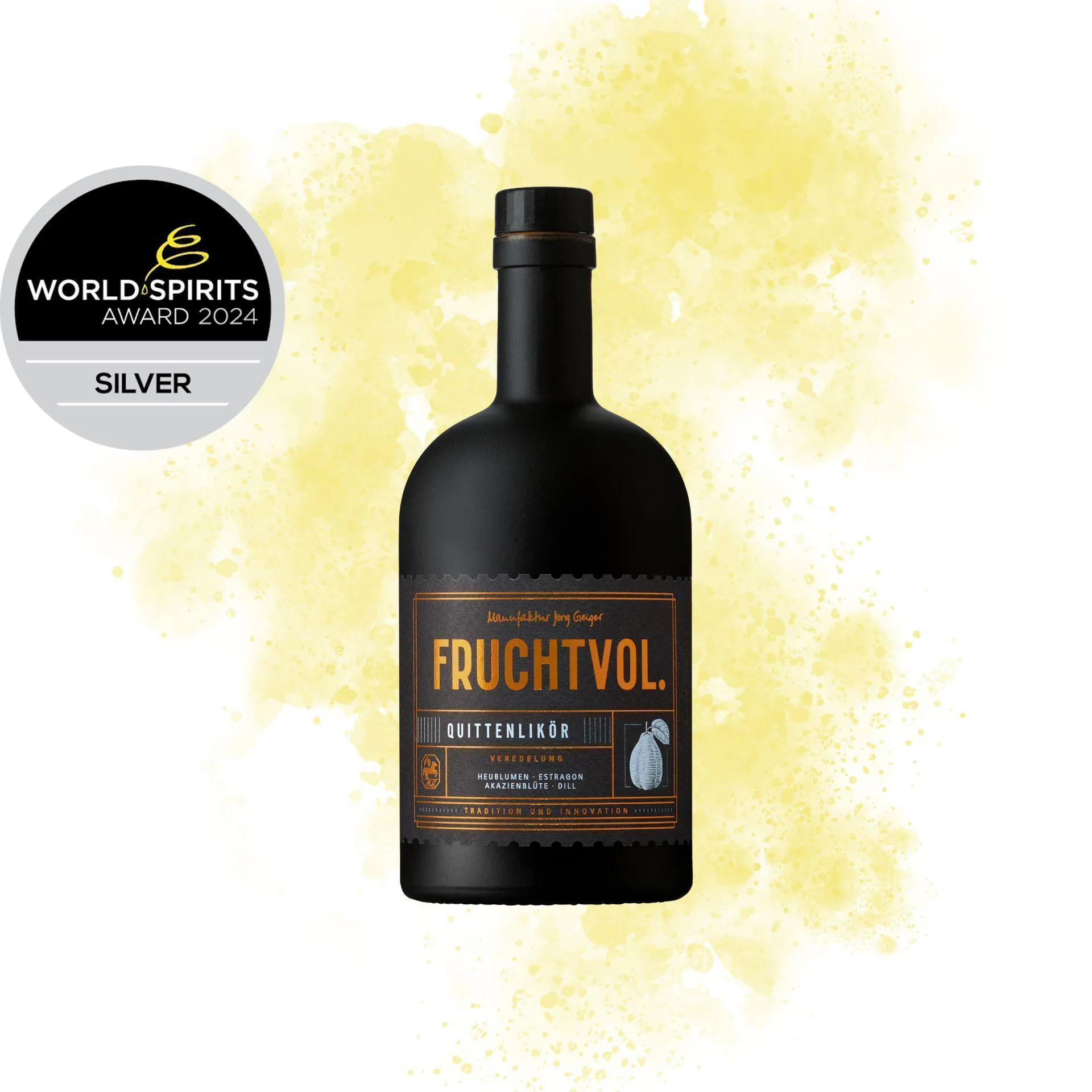 FRUCHTVOL. Quittenlikör Flasche mit Logo und botanischen Elementen