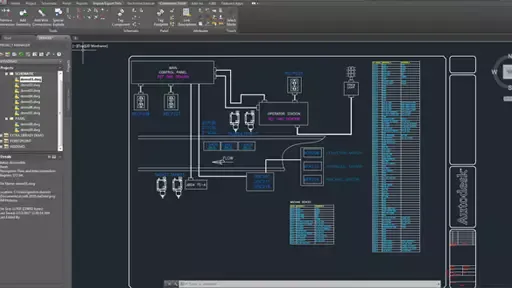 Gedetaillierte Ansicht der Benutzeroberfläche von AutoCAD Electrical mit Schaltplan und Symbolen
