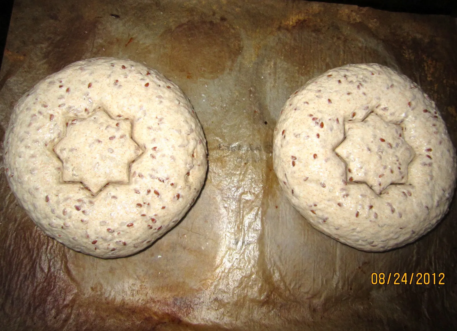 Geformte und eingeritzte Leinsamenbrot-Laibe auf einem Backblech, bereit zum Aufgehen