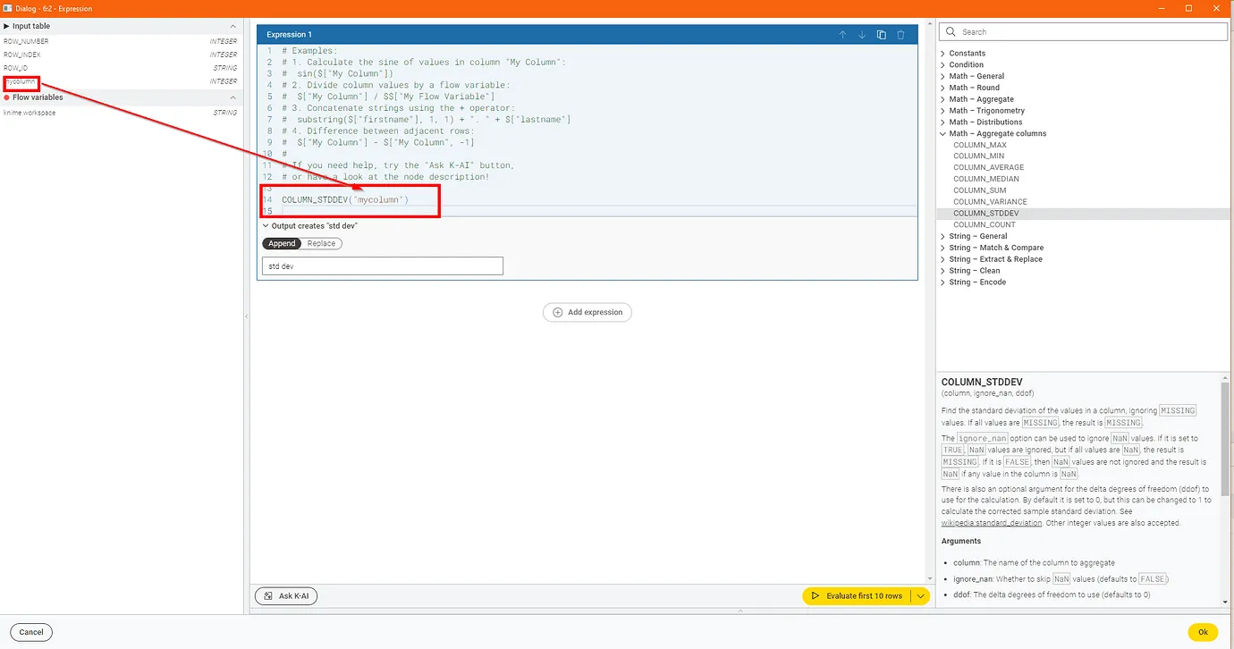 Gegenüberstellung der Standardabweichungsberechnung in Excel und KNIME