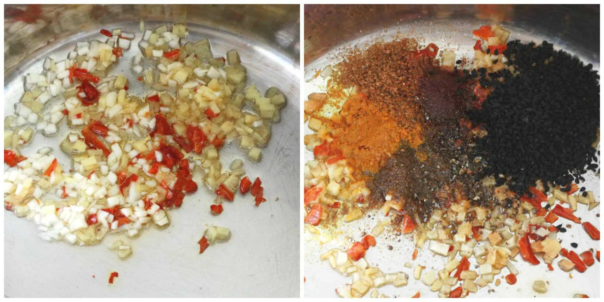 Gewürze wie Knoblauch, Ingwer und Chilischoten werden in einem Topf angedünstet