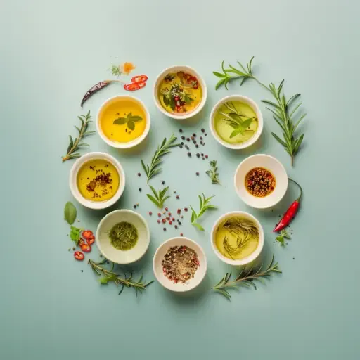 Gewürzöl mit Kräutern und Gewürzen auf einem Holztisch