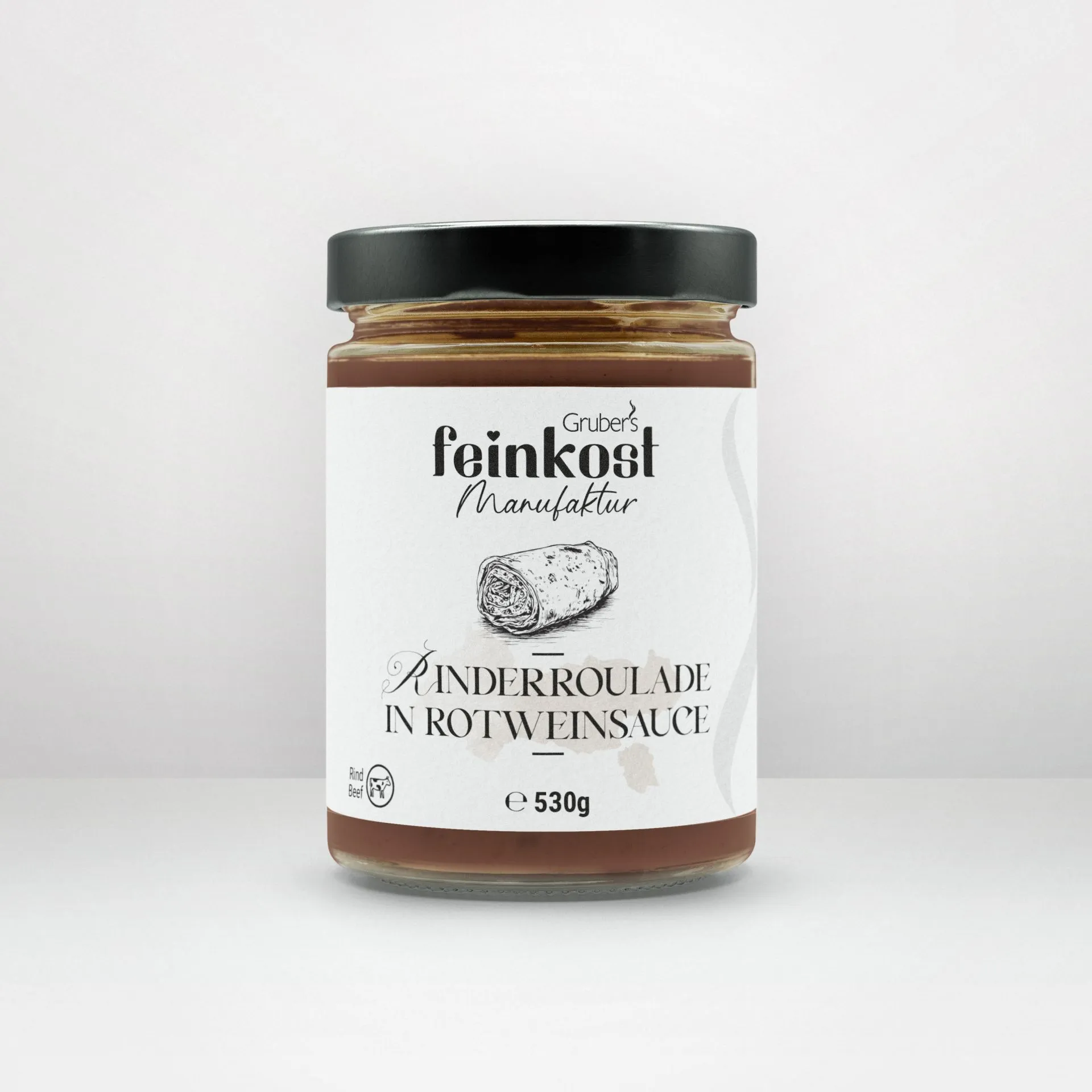 Glas mit Rinderroulade in Rotweinsauce von Gruber’s Feinkost, 530g.