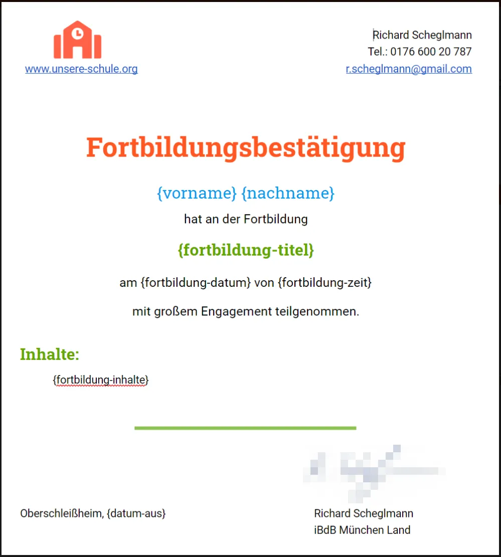 Google Docs Template mit Platzhaltern wie {vorname} und {fortbildung-titel}