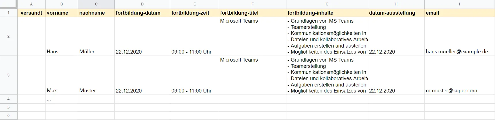 Google Tabelle mit Spalten für Vorname, E-Mail, Fortbildungstitel und Versandstatus
