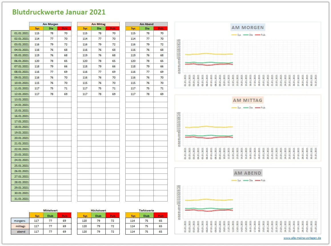 Grafik einer Excel-Tabelle zur Blutdruckerfassung
