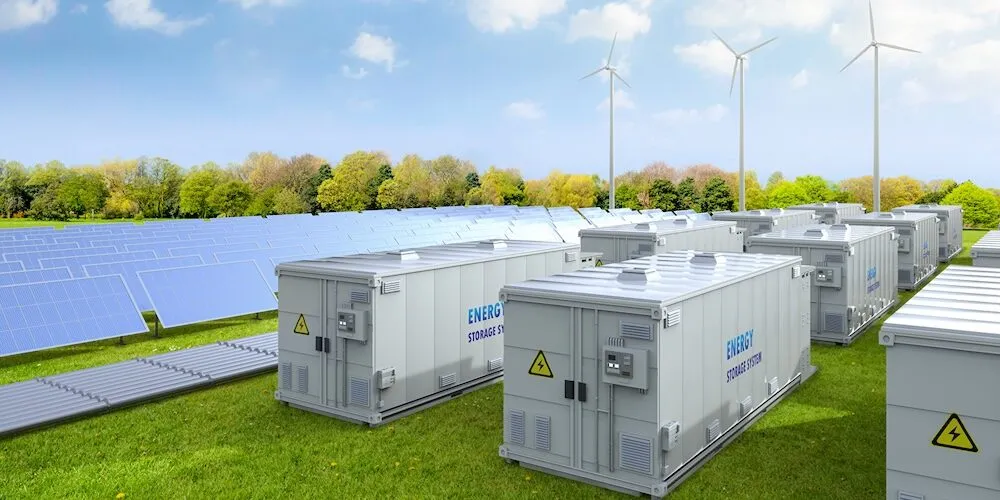 Große Batteriespeicher-Container mit PV-Anlagen und Windrädern im Hintergrund – ein Baustein für die Energiewende.