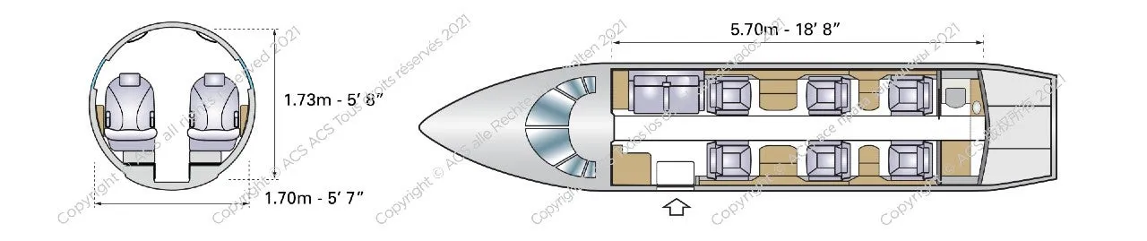 Grundriss der Cessna Citation Excel mit Sitzanordnung und Minibar.