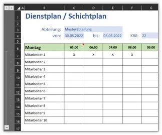 Gruppierte Ansicht der Wochentage in der Schichtplan Excel-Vorlage