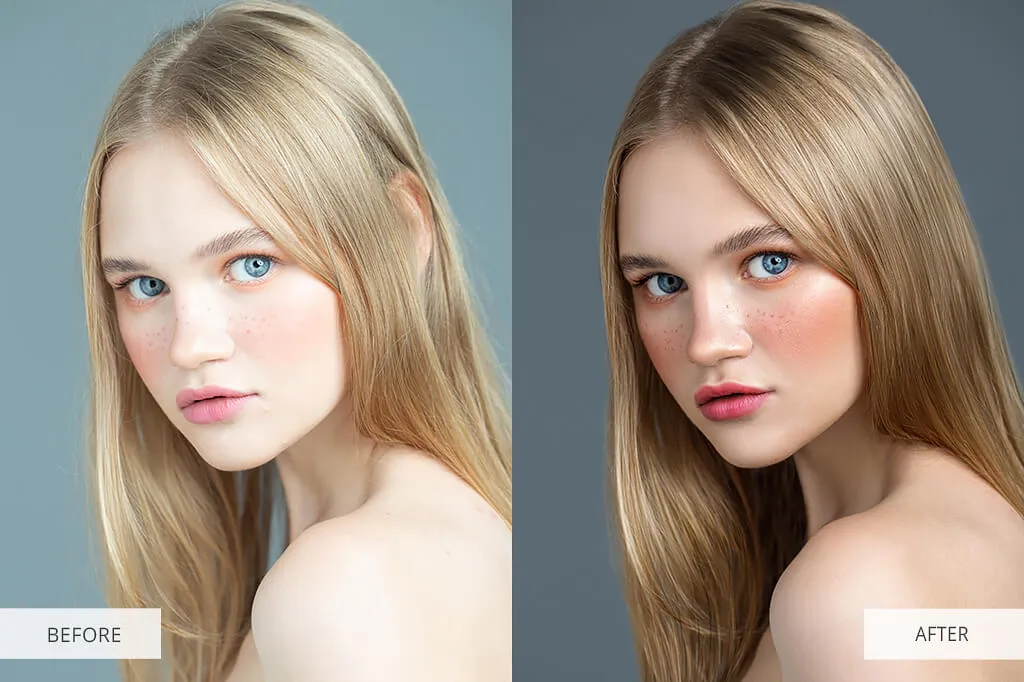 Haare eines Models, die retuschiert wurden, um lose Strähnen zu entfernen und Volumen hinzuzufügen, was ein gepflegtes Erscheinungsbild erzeugt