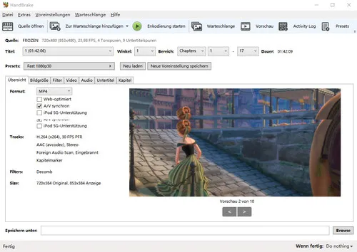 HandBrake Benutzeroberfläche mit Optionen zur Auswahl von Quelle, Titel und Voreinstellungen