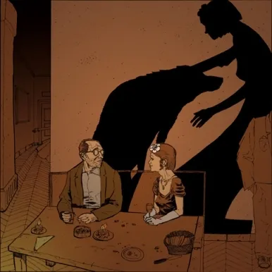 Harry Haller und Hermine tanzen eng umschlungen auf einer surrealen Bühne, die von schwebenden Instrumenten und einer traumhaften Atmosphäre umgeben ist.