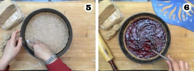 Herstellung des Bodens der Linzer Torte und Verteilen der Konfitüre.