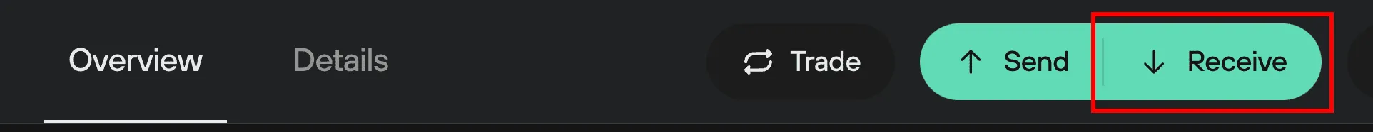 Hervorgehobene Schaltfläche „Empfangen“ im Trezor Suite-Kontomenü zum Generieren einer Krypto-Empfangsadresse.