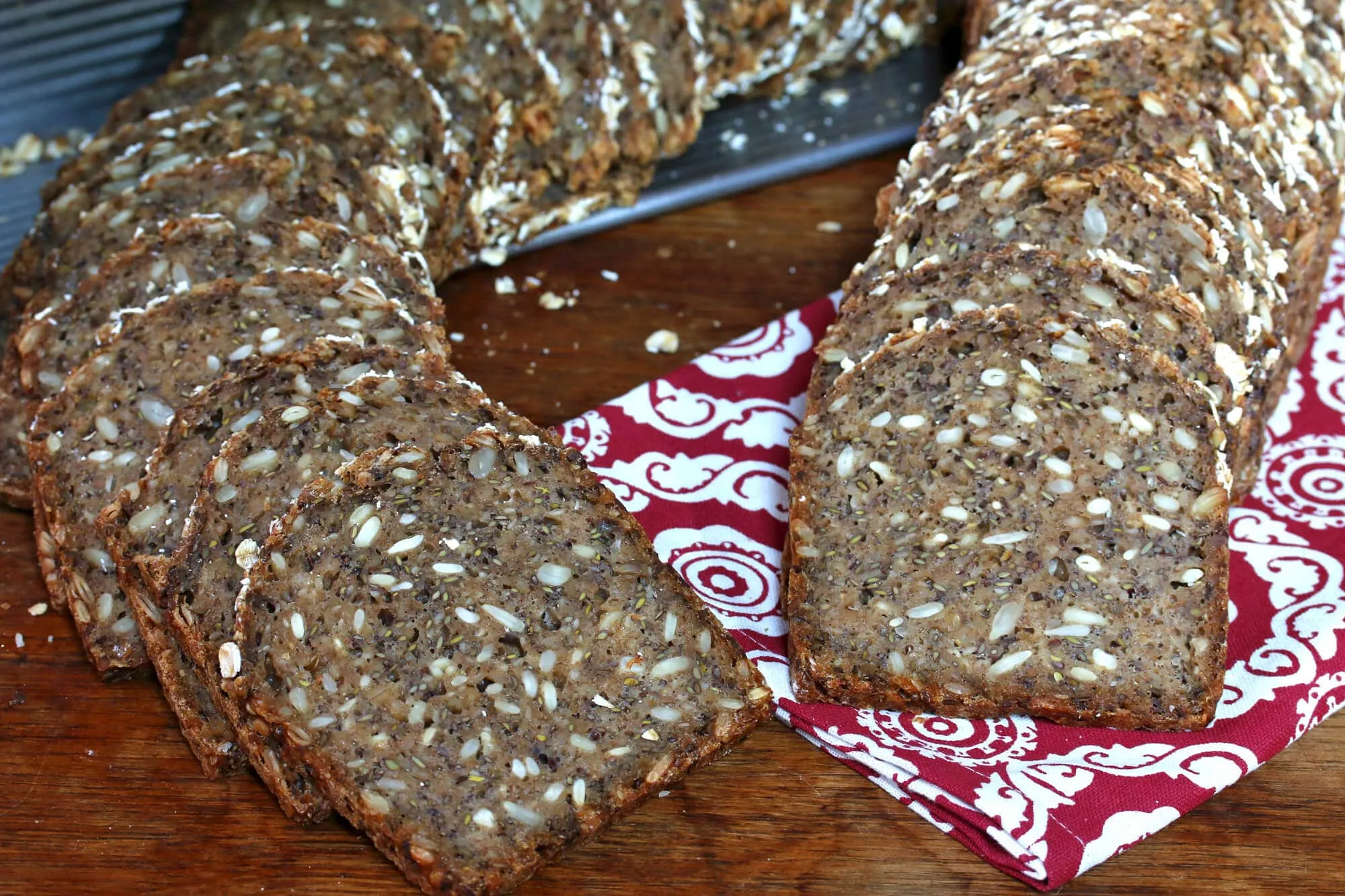 Herzhaftes Vollkornbrot, bereit zum Genießen mit Butter und Marmelade