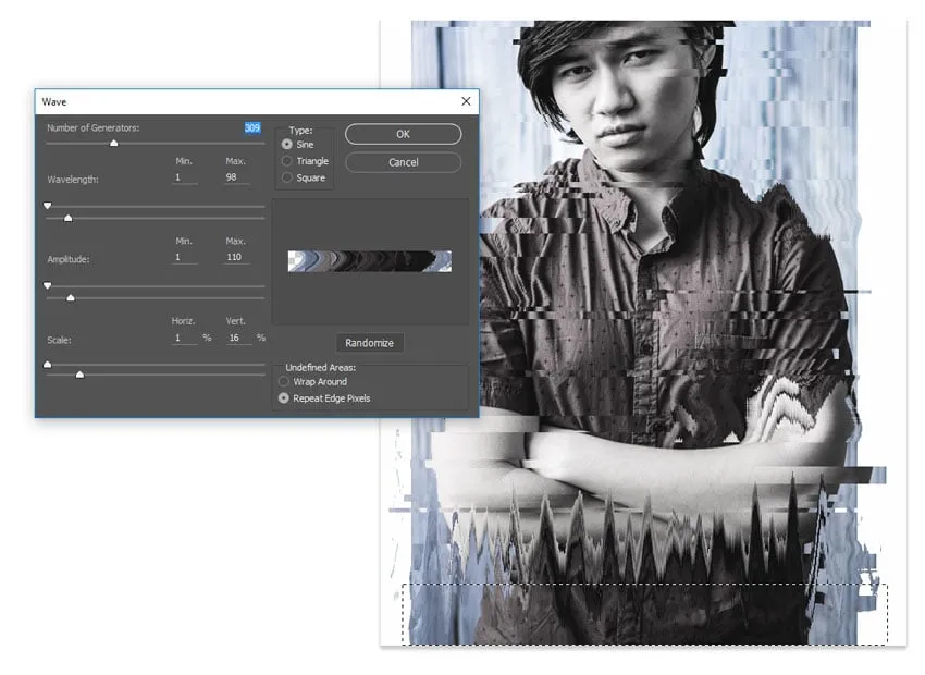 Hinzufügen des Glitch-Effekts am unteren Bildrand mit dem Wellenfilter